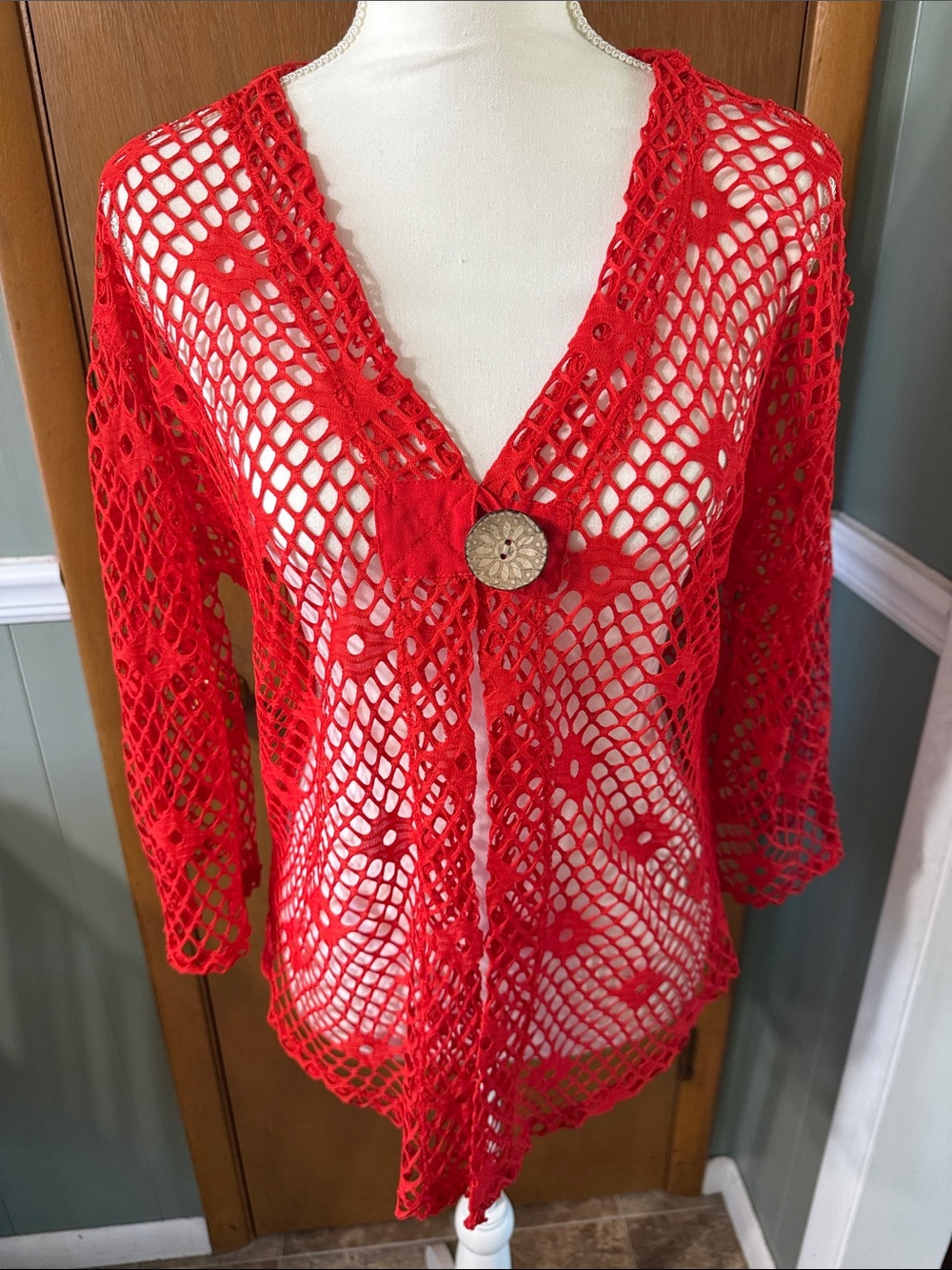 Red Crochet Openwork Cardigan with Statement Button Size M